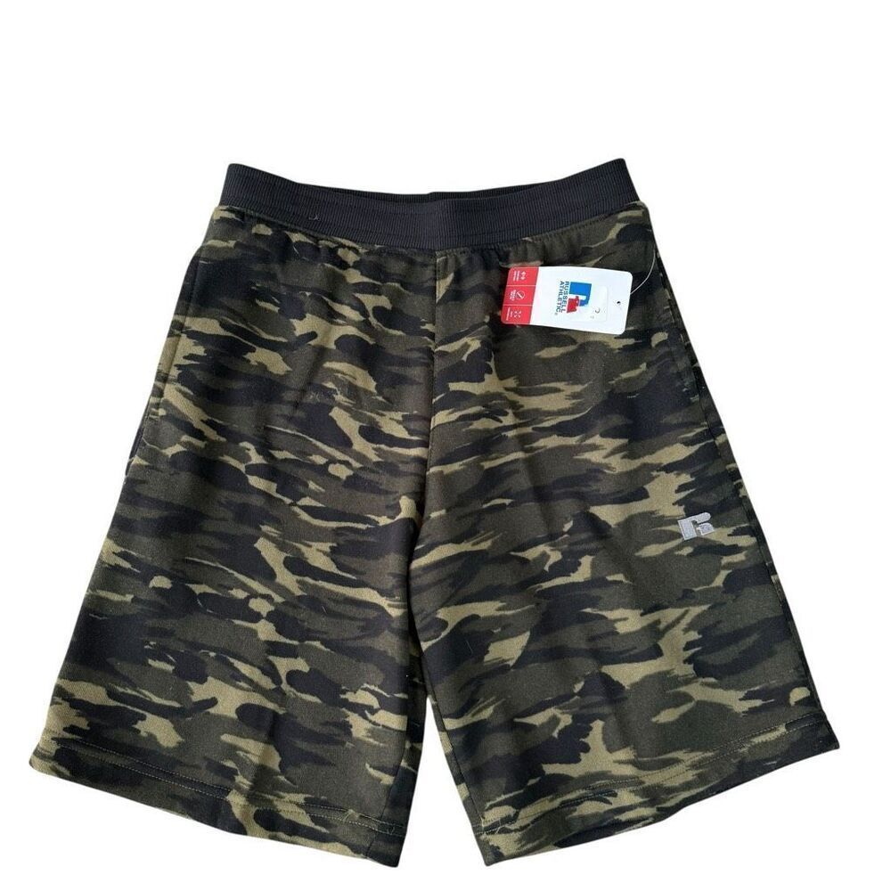 Russell Athletic boys active fleece shorts green camouflage print sz L 14-16 NWT